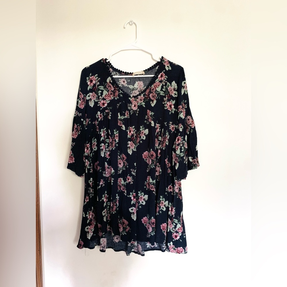 Altar’d State Navy and Pink Floral V-Neck Mini Dress